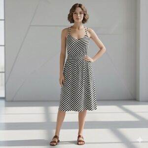 Loft Sundress Womens Small Black White Striped Spaghetti Straps Smocked Waist